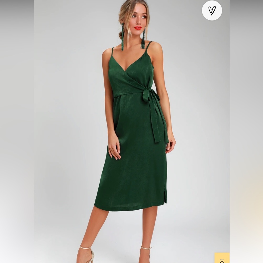 NWT Fall in Love Forest Green Satin Midi Wrap Dress Small